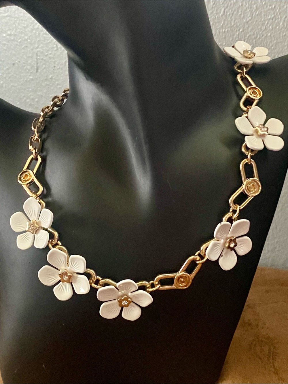 Gold and with White Daisy Charm Necklace and Stainless Steele Gold Braid Chain - Picture 2 of 10